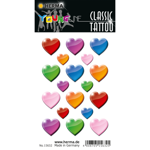 Bunte Herz-Tattoos in verschiedenen Farben und Größen auf einem schwarzen Hintergrund, mit der Aufschrift "HERMA YOUNG LINE CLASSIC TATTOO".