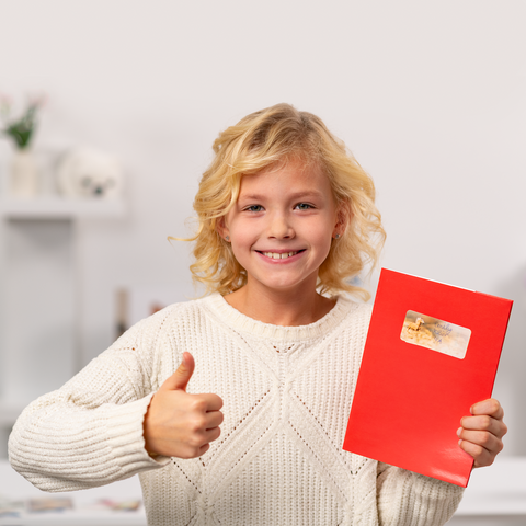 A girl with curly blonde hair is giving a thumbs up and holding a red envelope with a sticker in her hand.