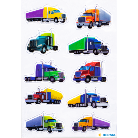 Colorful stickers from trucks in various colors and designs, arranged in two rows.