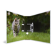A gray cat walks across green grass while standing in an open door.