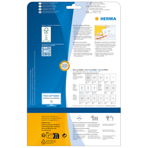 Rückseite einer Verpackung für HERMA Etiketten mit Informationen zu Software und Anwendung, einschließlich QR-Code und Layoutbeispielen.