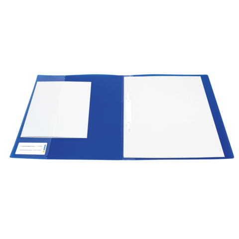 Blauer Ordner mit einer leeren Innenseite und einem zusätzlichen Blatt Papier auf der linken Seite.