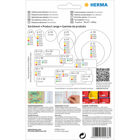 Produktübersicht mit verschiedenen Etikettenformaten und Anwendungshinweisen von HERMA. Enthält QR-Code und mehrsprachige Informationen.