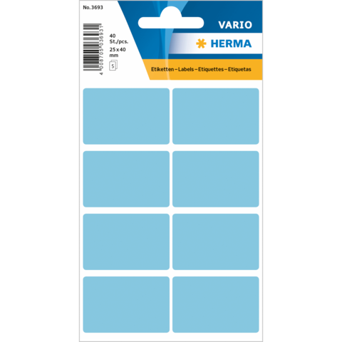 Blaues Etikettenblatt mit 40 leeren Aufklebern in der Größe 25 x 40 mm, verpackt in einer durchsichtigen Hülle.