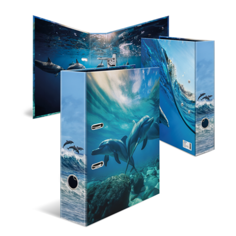 A binder with an underwater design featuring dolphins in a blue ocean, complete with waves and rays of light.