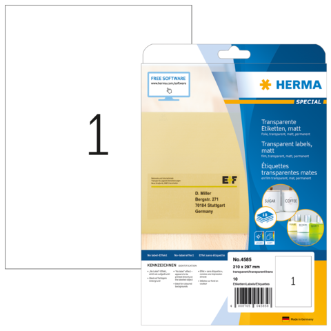Transparente Etiketten von Herma, matt, 210 x 297 mm, Verpackung zeigt Produktdetails und Anwendungsbeispiele.