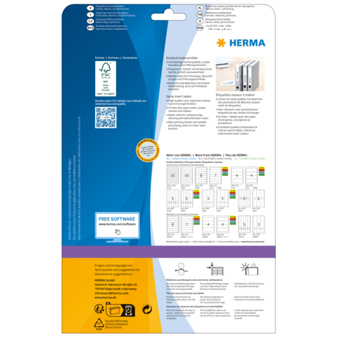Rückseite einer Verpackung für Etiketten von HERMA, mit Informationen zu Software und Anwendungshinweisen. Enthält Diagramme zur Etikettierung.