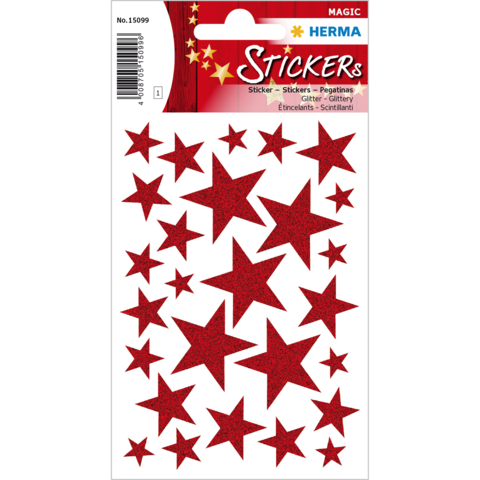 Rote, glitzernde Sternaufkleber auf einem weißen Hintergrund, in verschiedenen Größen und Formen angeordnet.