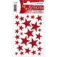 Rote, glitzernde Sternaufkleber auf einem weißen Hintergrund, in verschiedenen Größen und Formen angeordnet.