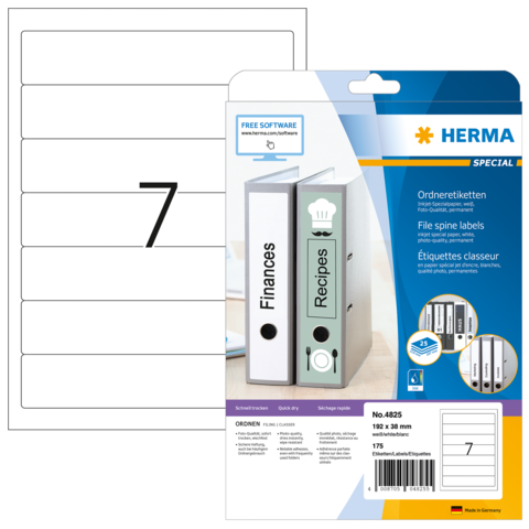 Ordneretiketten von Herma, inklusive einer Vorlage für die Beschriftung, mit der Nummer 7 und den Kategorien "Finanzen" und "Rezepte".