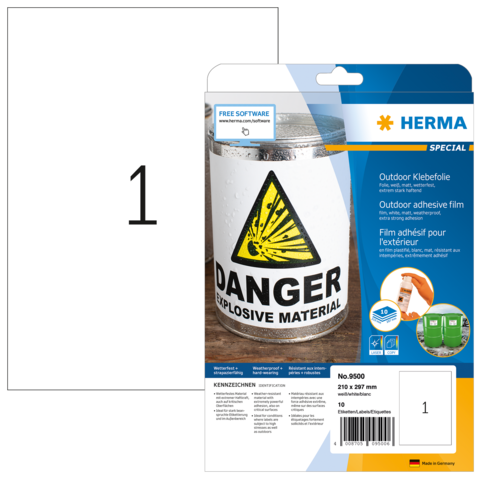 Aufkleber mit Warnsymbol für explosive Materialien, verpackt in einer transparenten Hülle. Enthält Informationen zur Verwendung im Freien.