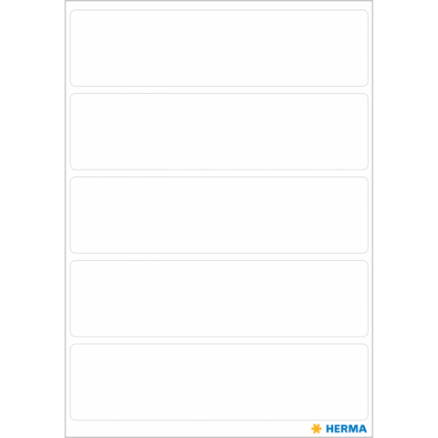 Leere Etikettenblätter mit fünf horizontalen, rechteckigen Feldern, geeignet zum Beschriften oder Drucken. Marke: HERMA.