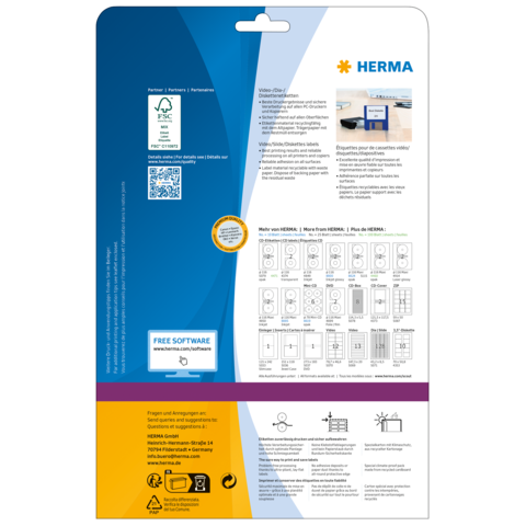 Produktverpackung von HERMA mit Informationen zu Software und Anwendungshinweisen, einschließlich QR-Code und Symbolen.