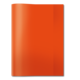 Ein orangefarbenes, geschlossenes Buch oder Heft, das aufrecht steht. Die Oberfläche ist glänzend und reflektiert Licht.