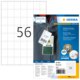 Ein Blatt mit Etiketten, das die Nummer 56 zeigt, und eine Rückseite mit Informationen zu stabilen Anhängern und robusten Etiketten.