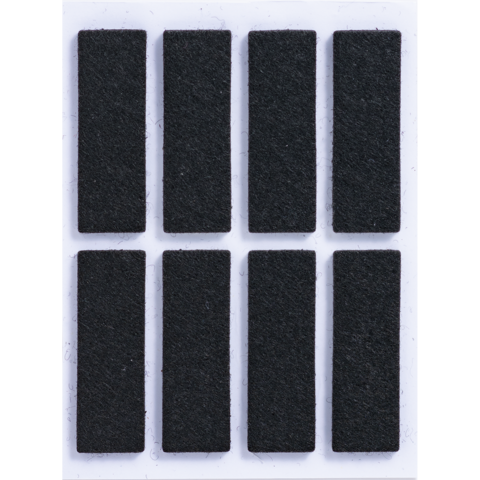 Acht schwarze rechteckige Filzstücke, gleichmäßig angeordnet in zwei Reihen.