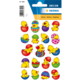 Bunte Aufkleber mit Enten in verschiedenen Posen und Farben, einige in Eierschalen, andere allein oder in Gruppen.