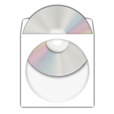 Zwei CDs in einer weißen Hülle, eine oben und eine unten, mit reflektierenden Oberflächen.