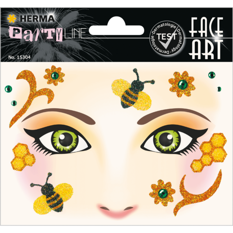 Gesichtsmalerei-Sticker mit Bienen, Blumen und glitzernden Akzenten in verschiedenen Farben auf einem hellen Hintergrund.