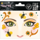 Gesichtsmalerei-Sticker mit Bienen, Blumen und glitzernden Akzenten in verschiedenen Farben auf einem hellen Hintergrund.