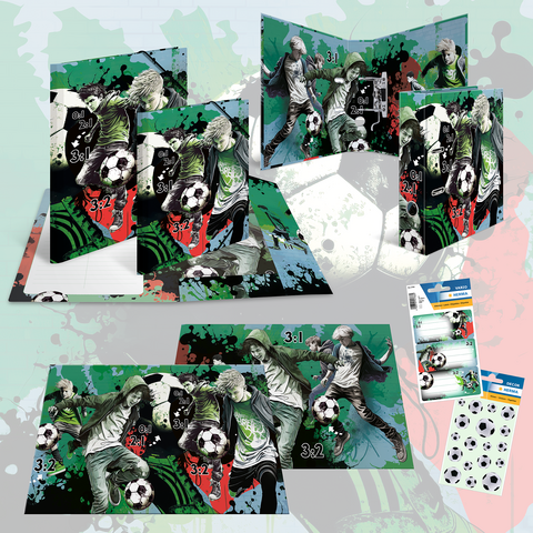 A collection of notebooks and stickers featuring soccer themes, showcasing players in action and displaying various scores.