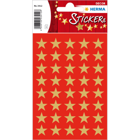Rote Sticker mit goldenen Sternen in einem regelmäßigen Muster, verpackt auf einer Karte. Ideal für Dekoration oder Bastelprojekte.