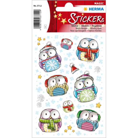 Bunte Aufkleber mit cartoonhaften Eulen in Winterkleidung, die Mützen und Schals tragen, umgeben von Schneeflocken und Sternen.