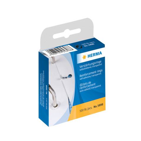 Verstärkungsringe in einer Verpackung mit 500 Stück, selbstklebend und transparent, von der Marke HERMA.