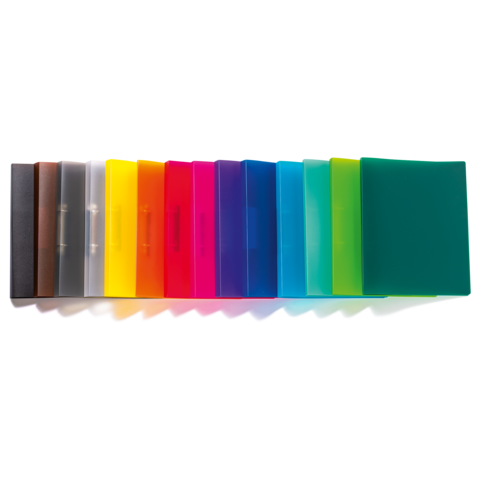 Eine Reihe von farbigen Ordnern in verschiedenen Farben, angeordnet von schwarz über grau, gelb, pink bis grün.