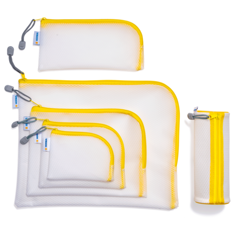 Fünf durchsichtige Taschen in verschiedenen Größen mit gelben Reißverschlüssen, geeignet für die Aufbewahrung von Zubehör oder Schreibwaren.