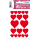 Rote Herzaufkleber auf einem Bogen, verschiedene Größen und Formen, mit dem Titel "Love Stickers" oben.