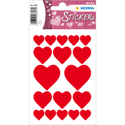 Rote Herzaufkleber auf einem Bogen, verschiedene Größen und Formen, mit dem Titel "Love Stickers" oben.