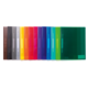 Bunte, transparente Ordner in einer Reihe, angeordnet von schwarz über grau, rot, orange, gelb, grün bis blau und klar.
