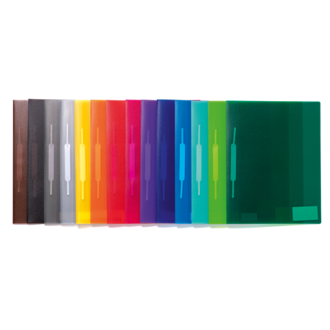 Bunte, transparente Ordner in einer Reihe, angeordnet von schwarz über grau, rot, orange, gelb, grün bis blau und klar.