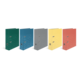Fünf Ordner in verschiedenen Farben (grün, blau, grau, gelb, rot) stehen nebeneinander, jeder mit zwei Metallringen und einem Muster.