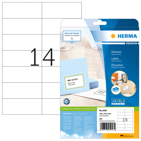 Etikettenpackung von Herma mit der Nummer 5057, zeigt ein Beispieletikett mit der Aufschrift "MR. SUNNY" und die Größe 105 x 42,3 mm.
