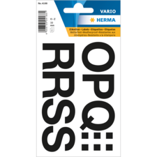 Schwarze Etiketten mit Buchstaben "O", "P", "Q", "R", "S" und "T" auf einer Verpackung, wetterfest und vielseitig einsetzbar.