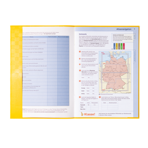 Ein aufgeschlagener Atlas mit einer Karte von Deutschland und einer Tabelle zur Kartennavigation. Informationen zu geografischen Merkmalen sind sichtbar.