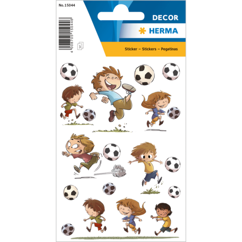 Aufkleber mit spielenden Kindern, die Fußball spielen, umgeben von Fußbällen. Verschiedene Posen und Gesichtsausdrücke der Kinder.