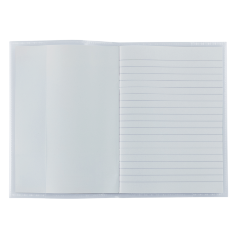 Ein offenes Notizbuch mit leeren, linierten Seiten auf der rechten Seite und einer leeren Seite auf der linken Seite.