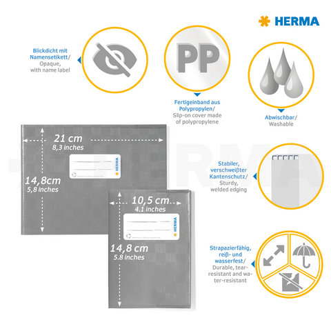 Transparent, washable polypropylene sleeves with sturdy edges, size specifications, and a name label. Ideal for documents.