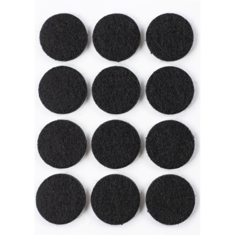 Schwarze Filzuntersetzer in runder Form, angeordnet in einem 3x4-Raster, insgesamt zwölf Stück.