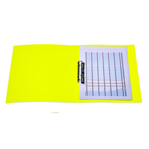Ein offener, leuchtend gelber Ordner mit einem Blatt Papier, das vertikale Linien und farbige Abschnitte zeigt.
