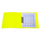 Ein offener, leuchtend gelber Ordner mit einem Blatt Papier, das vertikale Linien und farbige Abschnitte zeigt.