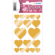 Goldene Herzaufkleber auf einem Bogen, verschiedene Größen und Formen, mit einem dekorativen Schriftzug "Stickers" oben.