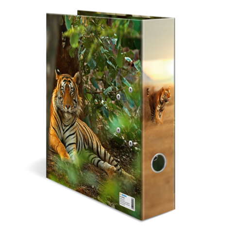 A folder featuring a tiger resting in its natural habitat, surrounded by plants and trees.