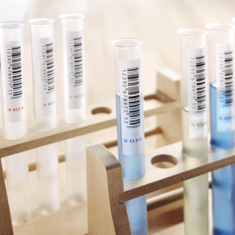 Reagenzgläser in einem Holzständer, einige mit klarer Flüssigkeit und andere mit blauer und grüner Flüssigkeit, alle mit Barcodes versehen.