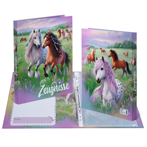 Colorful folders with horse motifs in a meadow, featuring a white, a brown, and a purple horse. One of the folders says "Report Cards.