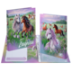 Colorful folders with horse motifs in a meadow, featuring a white, a brown, and a purple horse. One of the folders says "Report Cards.