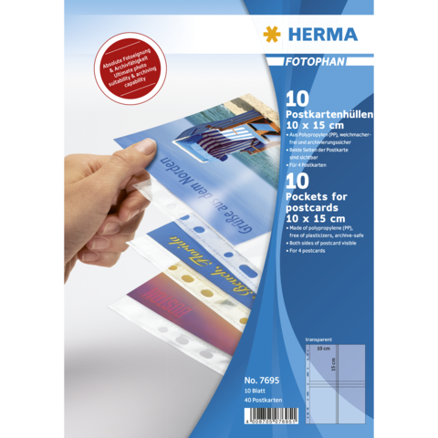 10 Postkartenhüllen von HERMA, transparent, für Postkarten bis 10 x 15 cm, inklusive 10 Blätter, geeignet für 40 Postkarten.